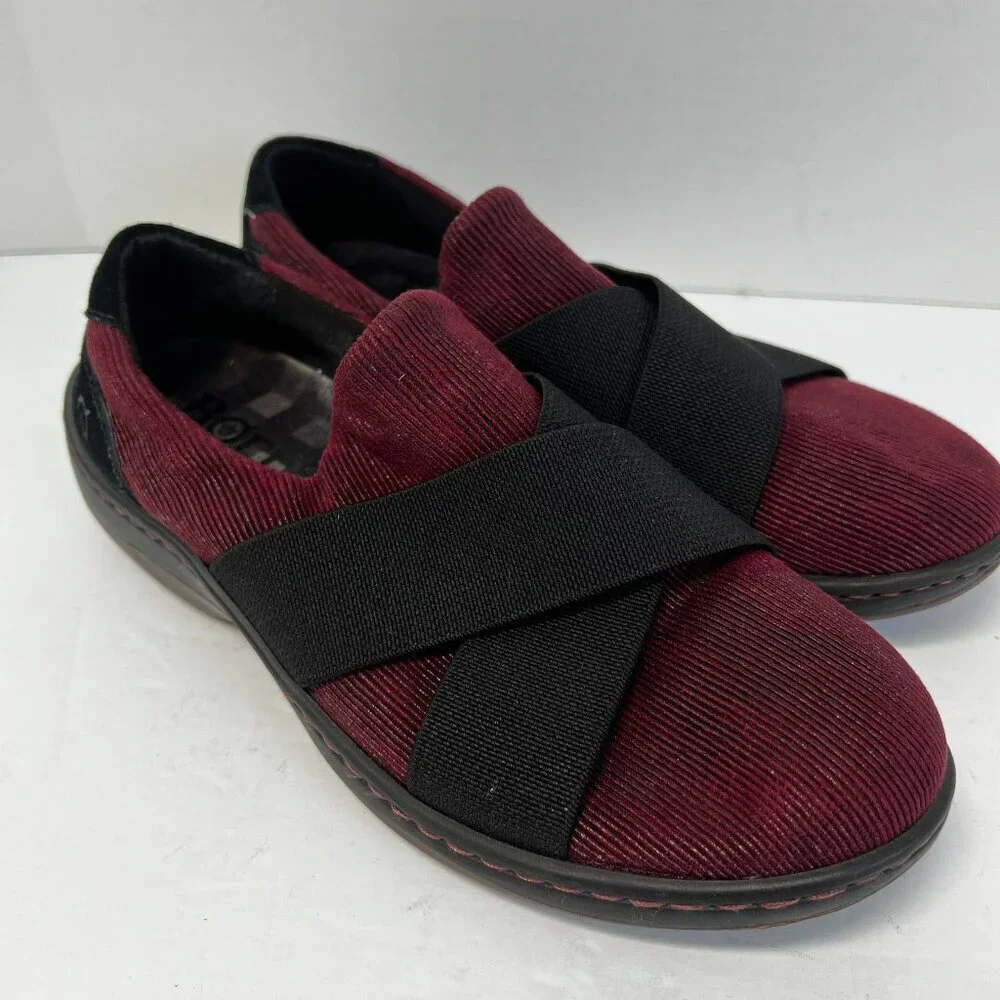 Born Womens 8 Banshee Slip On Casual Comfort Shoes Burgundy & Black Stretch